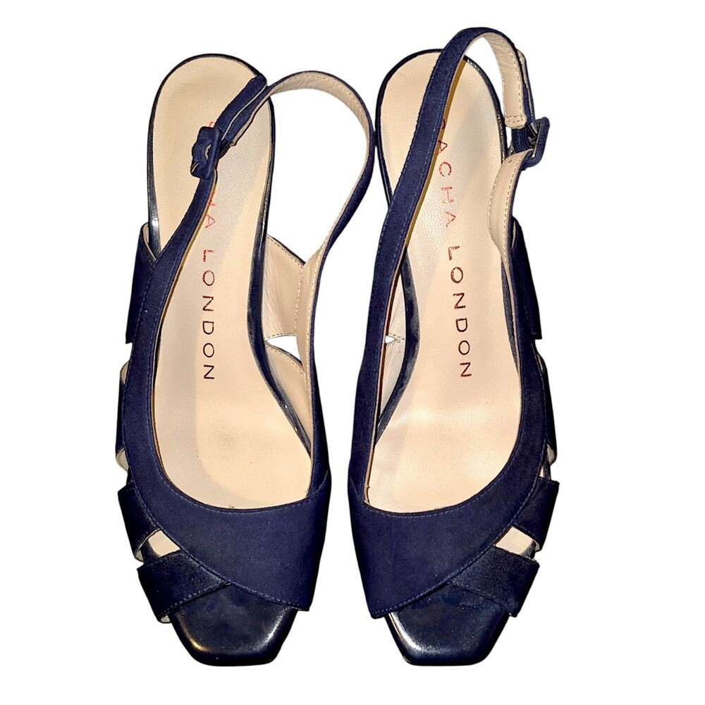 Sacha London Heels Navy Blue Striped Suede Peep Toe Slingbacks Sandals Size 7.5